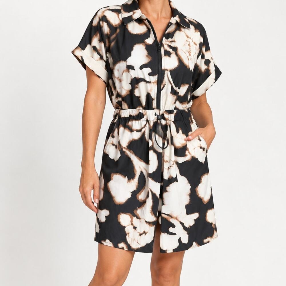 Talbots Athleisure Petite Small Abstract Floral Zip Front Dress Pockets NWOT